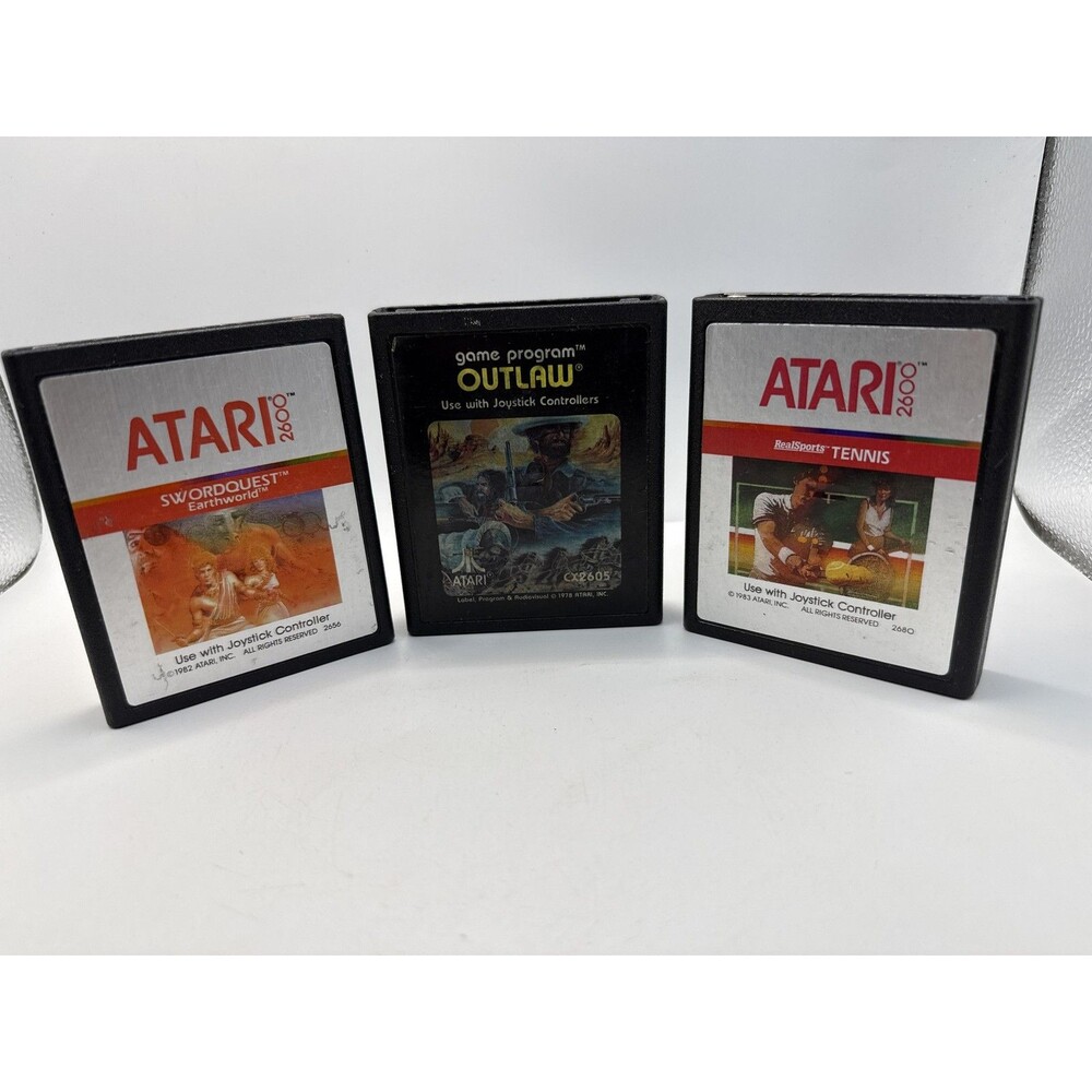 Outlaw SwordQuest Earthworld RealSports Tennis Atari 2600 Game Cart Lot 3 Atari